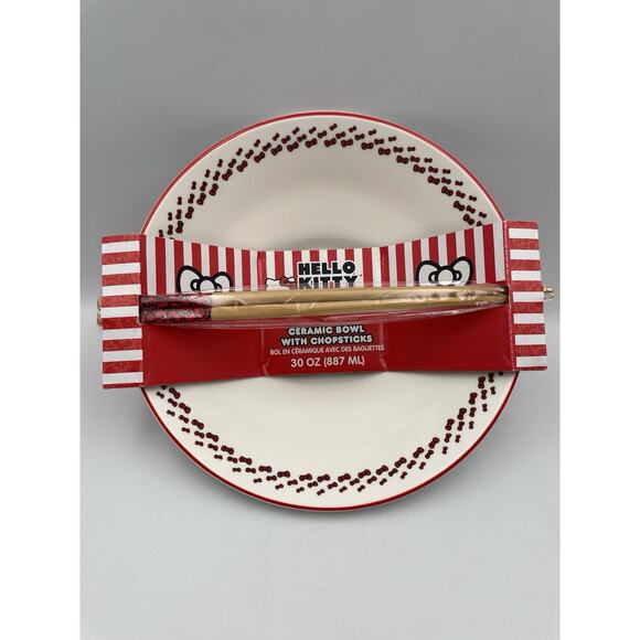Hello Kitty Sanrio Red Bow Ceramic Bowl With Chopsticks New With Tags - Picture 1 of 9